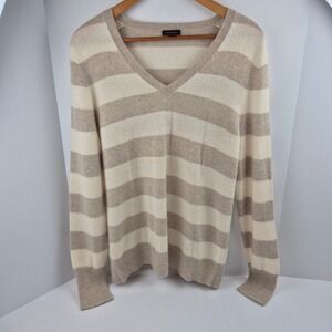 Only Mine 100% Cashmere Striped V Neck Sweater XL Beige Cream Quiet Luxury
